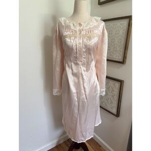 VTG Satin Nightgown Pink Lace Trim Button Front Long Sleeve Cottagecore Coquette